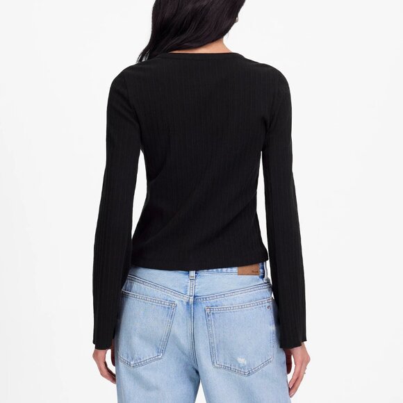 Madewell Flared Sleeve Button Front Cotton Ribbed Cardigan Black Size L NWT - Picture 2 of 8